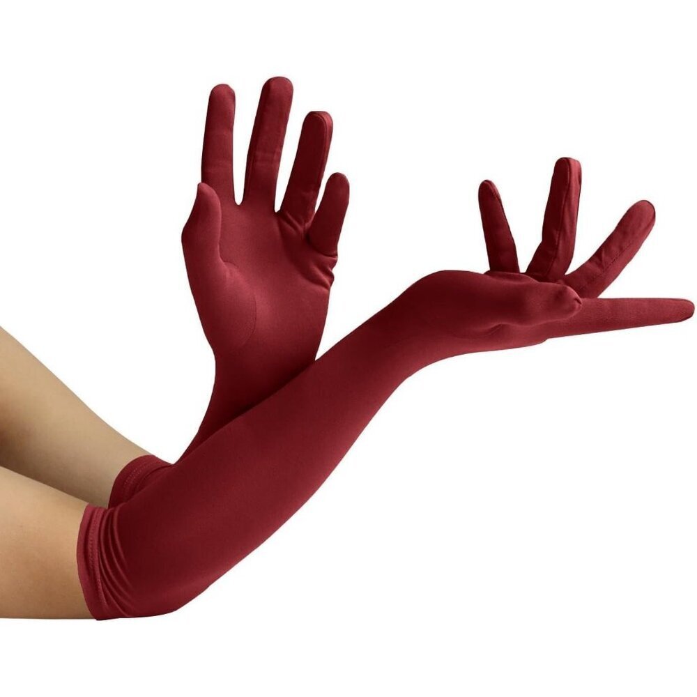 Women's Wine Red Elbow Length Fabric Satin Gloves Halloween Costume Accessories